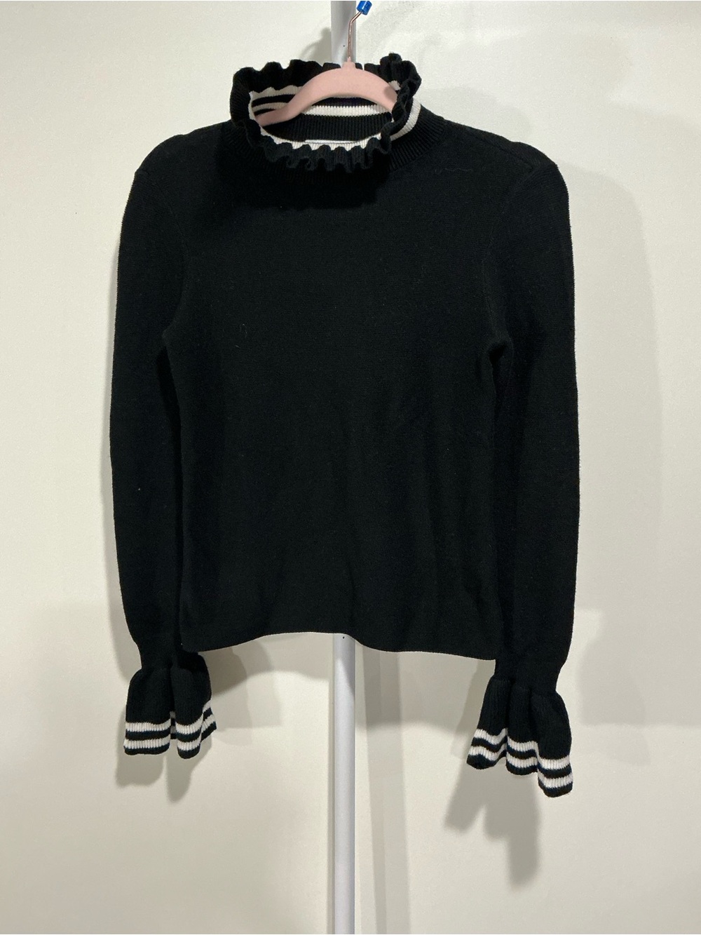& Other Stories Black Ruffle Turtleneck Sweater with White Stripe Details